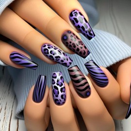 24Pcs Coffin Press on Nails Medium Length Fake Nails Purple Leopard Zebra Stripes False Nails Glossy Artificial Acrylic Nails Cheetah Print Nails Full Cover Glue on Nails for Women
