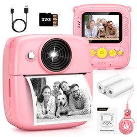 Kids Camera Instant Print, 1080P kids camera with 32GB Card & Print Paper, Large Screen Instant Camera Digital Video for Kids Toys Gifts for Boys & Girls Age 3-12 (Pink)