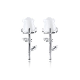 Reffeer Solid 925 Sterling Silver Rose Flower Stud Earrings for Women Teens CZ Flower Stud Earrings Drops Spring Earrings (A-Silver)