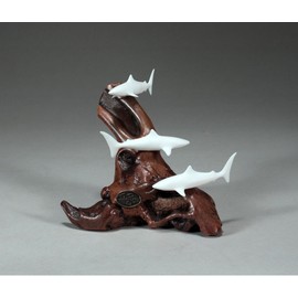 Shark Trio Miniature Sculpture by John Perry 3 in long Pellucida Statue on Burl-wood