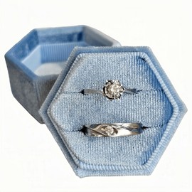 Ivosmart Velvet 2 Slots Ring Box Hexagon, Premium Gorgeous Vintage Double Ring Display Holder with Detachable Lid for Proposal, Engagement, Wedding, Ceremony (Lightblue)