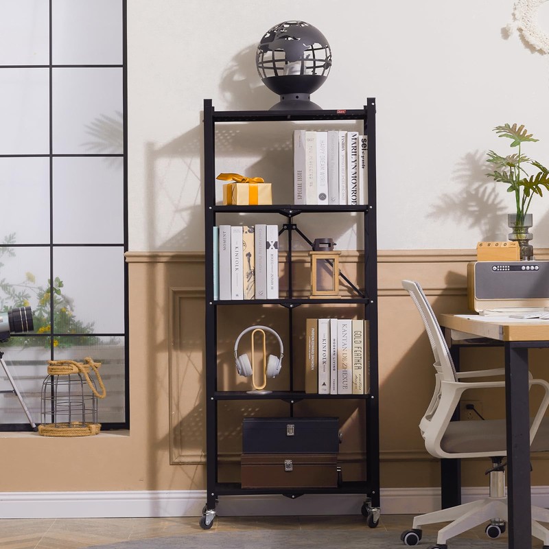 DEANIC 5-Shelf Folding Bookcase with Wheels, Rolling Bookshelf Heavy Duty
