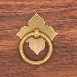 LXZ 4 PCs Vintage Antique Bronze Ring Pulls with Four-Leaf Clover Shaped Base - Pure Solid Brass Cabinet Hardware- Ring Size 1.4-in (3.5 cm)