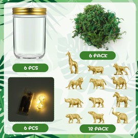 Geelin 30 Pcs Gold Plastic Animal Figurines with Jars, Safari Party Favors Centerpieces Including DIY Mason Jars, 12 Gold Animals Figures, Simulated Moss and Light Strips
