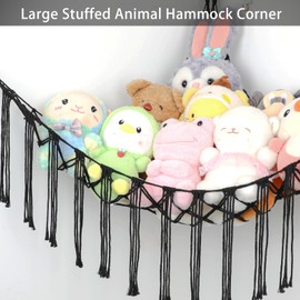 Stuffed Animal Hammock Corner, Hand-knitted Large Plushie Net Toy Hammock with Wooden Rings | Boho Cute Stuff Animal Storage for Nursery & Bedroom | Mesh Kids Toy Organizer Holder Nursery Room Decor