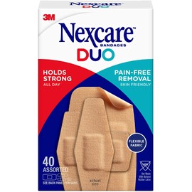 Nexcare Duo Flexible Fabric Bandages Assorted ReadyforAnything Pack Holds Strong PainFree Removal Water Resistant 40ct, Multi, Piece Assortment, 40 Count
