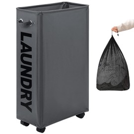 DOKEHOM 29-Inches Enlarged Slim Laundry Basket with Removable Wash Bag on Wheels, Collapsible Rolling Laundry Hamper, Foldable Narrow Corner Clothes Storage Bins (Dark Grey)