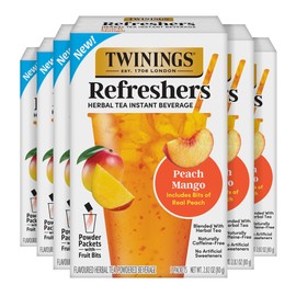 NEW Twinings Peach Mango Refreshers, Herbal Tea Instant Beverage with Real Peach Fruit Bits, 5 Count (Pack of 6), Café Style, No Artificial Sweeteners, Naturally Caffeine-Free Refreshment, 30 Packets