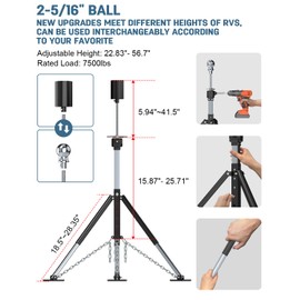 New Upgraded RV Gooseneck Camper 5th Wheel Tripod Stabilizer Jack [Extended Allow Drill Adjust], Adjustable 22.8"-56.7" Fifth Wheel Tripod Stabilizer King Pin with Cup & 2-5/16" Ball, 7500 lb Load