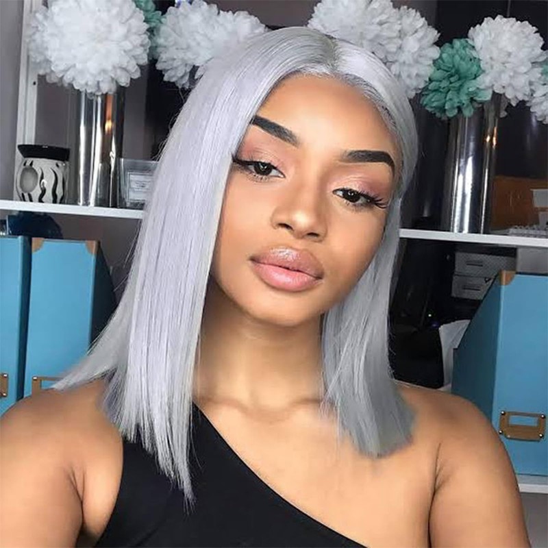 FJsuprise 16 Inch Long Grey Bob Wigs Human Hair Straight