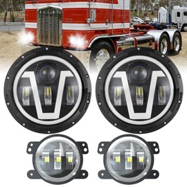 7 INCH Headlight+ 4 INCH Fog Lights Fit For 2001-2016 Freightliner Coronado,DOT Headlights with Amber Turn Signals&White DRL,800% Brightness 6000K White Hi/Low Sealed Beam,Pack of 4