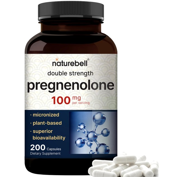Pregnenolone 100mg, 200 Capsules | 99%+ Purity, Micronized Grade for Higher Absorption, Plant Based – Hormone*, Cognitive, & Immune Health Supplement – Non-GMO, Soy Free