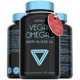 Vegan Omega 3 Capsules - High Strength DHA from Algae Oil 500mg - Algae Omega 3 Vegan with Flaxseed Oil, Astaxanthin, Vitamin E - 60 Easy to Swallow Softgel Tablets - Sustainable Vegetarian Supplement
