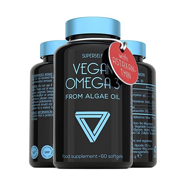 Vegan Omega 3 Capsules - High Strength DHA from Algae Oil 500mg - Algae Omega 3 Vegan with Flaxseed Oil, Astaxanthin, Vitamin E - 60 Easy to Swallow Softgel Tablets - Sustainable Vegetarian Supplement