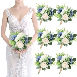 Wedding Bridesmaids Bouquets Set of 6 - Artificial Bridesmaid Rose Bouquet Handmade Maid of Honor Flowers Small Floral Centerpiece for Marriage Proposal Party Anniversary Table Decor -7 inch