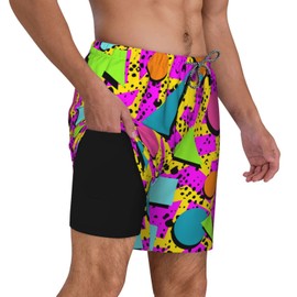 feelacle Retro 80s 90s Style Mens Swim Trunks 9 Inch Inseam Board Shorts Beach Swimwear Bathing Suit with Compression Liner and Pockets 3X-Large