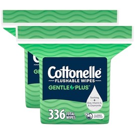 Cottonelle GentlePlus Flushable Wet Wipes with Aloe & Vitamin E, 2 Refill Packs, 168 Wipes Per Pack (336 Total), Packaging May Vary