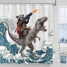 Accnicc Funny Raccoon Dinosaur Shower Curtain Fun Cool Animal Japanese Ocean Wave Shower Curtains for Bathroom Kids Unique Waterproof Fabric Rustic Wooden Farmhouse Bath Curtain Decor 72 X 72 Inches