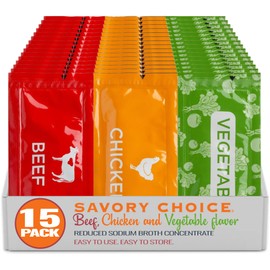 SAVORY CHOICE Reduced Sodium Beef, Chicken and Vegetable Broth Concentrate, 15 Packets (5/Flavour - 9.6g) - Gluten-Free, Diary-Free Broth Concentrate