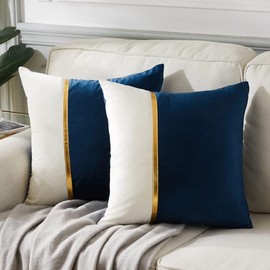 Fancy Homi 2 Packs Navy Decorative Throw Pillow Covers 18x18 Inch for Living Room Couch Bed, Velvet Patchwork with Gold Leather, Luxury Modern Farmhouse Home Decor, Accent Cushion Case 45x45 cm