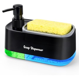 LINZOM Hand and Dish Soap Dispenser Set for Kitchen Dual Soap Dispenser with Sponge Holder 3-in-1 Countertop Soap Pump Dispenser for Kitchen Sink, Black
