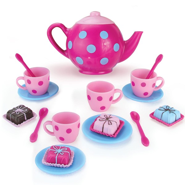 Sophia's 17 Piece Polka Dot Tea Set with Tea Pot and Cups Plus Four Detailed Petit Four Cakes for 18 Inch Dolls, Pink/Blue