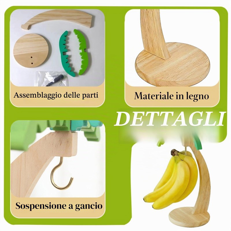 Porta Banana in Legno con Gancio per Banane, Porta Frutta