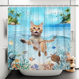 ChloropLastid Funny Cat Shower Curtain Ocean Lovely Swimming Kitten Turtle Coral Fish Tropical Nautical Bathroom Curtain 72x72 inch Cute Bthroom Decor Gifts for Kids Soft Waterproof Fabric