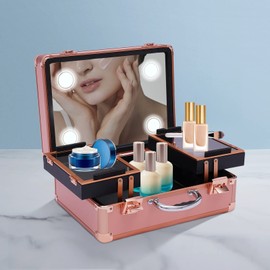YIYIBYUS Makeup Train Case, 2 Layers Professional Make-up Bag With Light Up Mirror Travel Cosmetic Artist Organizer Box Makeup Cases for Make-up Artists, Hairdressers (Rose Gold)