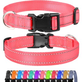 FunTags Reflective Dog Collar, Sturdy Nylon Collars for Large Girl and Boy Dogs, Adjustable Dog Collar with Quick Release Buckle, Neon Pink