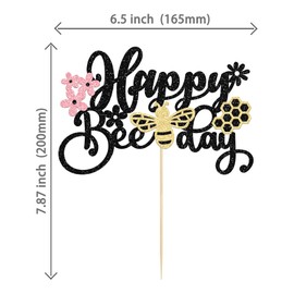 Paquete de 1 decoración para tartas de Happy Bee Day con purpurina, diseño de abejorro, decoración para baby shower, niños, suministros para fiestas de cumpleaños, color negro