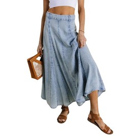 CHARTOU Women Vintage Long Denim Skirt Flowy Big Hem Slouchy Washed Jean Skirt (Small, Blue)