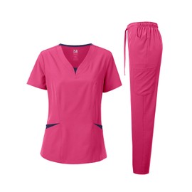 Dagacci Medical Uniform Women's Scrubs Set 4-Way Stretch Split Contrast Net and Pocket (Medium, Hot Pink)