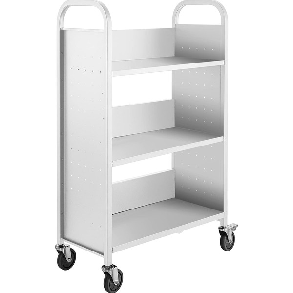 BestEquip Book Cart, 200LBS Library Cart, 49.2''x29.5''x13.8'' Rolling Book Cart, Single Sided L-Shaped Flat Shelves with Lockable Wheels for Home Shelves Office School Book Truck White