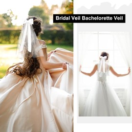 LEYOLO Bridal Veil Bow Pearl Wedding Veil Bachelorette Veil Tulle Layer Bow Veil Bachelorette Party Decorations Bride To Be Gift (Satin bow veil(16.6 inches long))