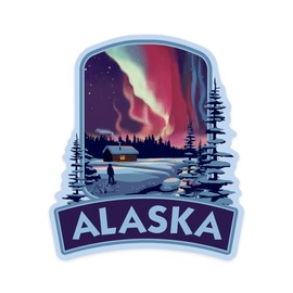 Die Cut Sticker Alaska, Northern Lights and Cabin, Vinyl Sticker, (Waterproof Decal for Cars, Water Bottles, Laptops, Coolers), Large