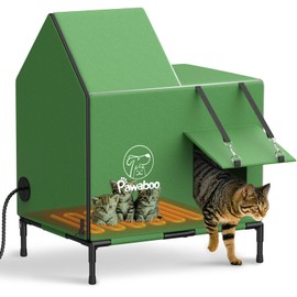 Pawaboo Heated Cat House for Outdoor in Winter, Weatherproof Cats Shelter for Outside with Waterproof Awning & Elevated Base, Insulated Outdoor Cats House with Heater for Feral Barn Cat