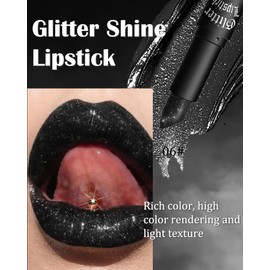 Glitter Lipstick, Waterproof Long Lasting Lip Gloss, Diamond Metallic Sparkling Matte Lipstick, Matte Glitter Lipstick Lip Gloss for Women Lips Make-Up, Gift for Women's Day 06 Black