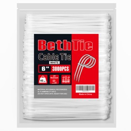 BethTie 3000 PCS White Zip Ties 6 Inch, 40 LBS Tensile Strength, Self-Locking Nylon PA66 UV Resistant Cable Ties for Indoor and Outdoor Use