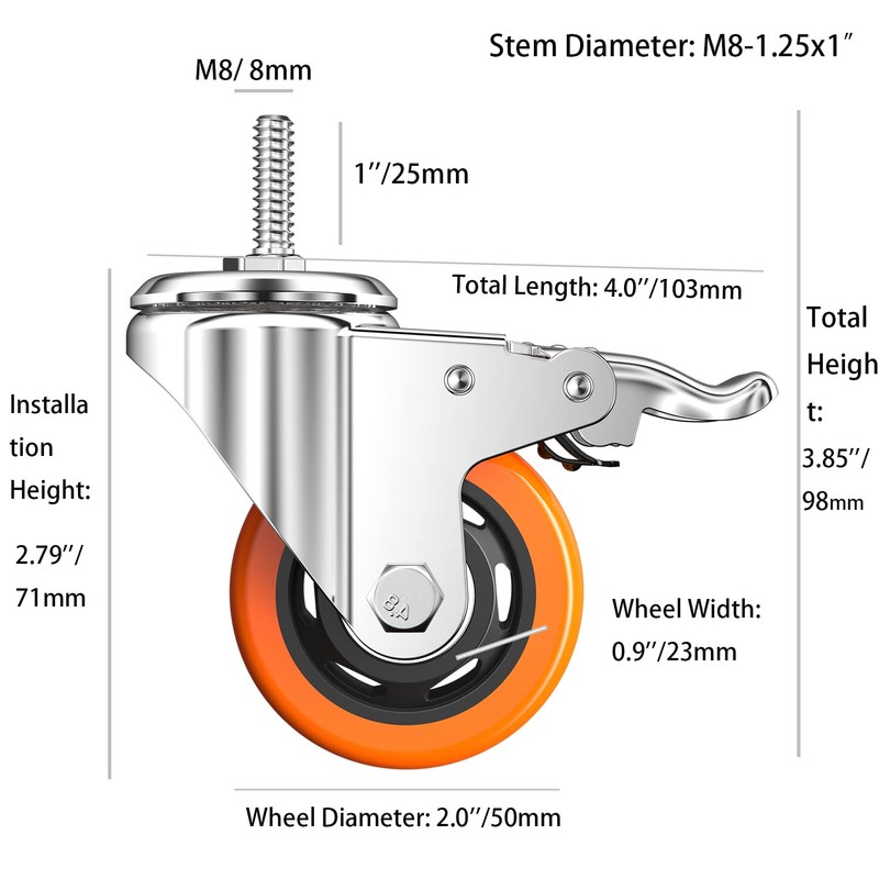 Stem Caster Wheels Heavy Duty Casters PVC M8-1.25x1″ (Stem Diameter