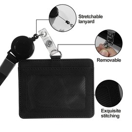 HYCOPROT ID Badge Holder 2-Sided Pu Leather with 1 Id Window and 1 Card Slot and 1 Piece 34.8 Inch Detachable Neck Lanyard id Card Holder for Office School Business Travel Student (Grey, Horizontal)