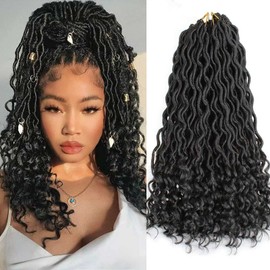 Xtrend 18 Inch 6 Pieces 20 Strands/Pack Goddess Faux Locs Deep Curly Crochet Hair Wavy End Pre-Looped Faux Locs Braiding Hair Extensions for Black Women 1B#