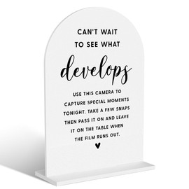 Acrylic Wedding Signs, Bridal Shower Decorations, Modern Arched Round Top Acrylic Table Top Sign with Holder for Wedding Reception Party Dinner - Can't Wait to See What Develops (White)