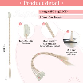 Flufymooz 4 x braid in hair extensions, 35.5 cm clip-in braid extensions for women, synthetic hairpieces for everyday use, party styling (cool light blonde)