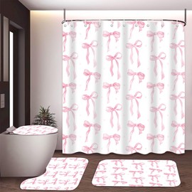 TKNOUS 4 Pcs Pink Bow Shower Curtain Set with Non-Slip Rugs, Toilet Lid Cover and Bath Mat, Coquette Bow Romantic Aesthetic Bathroom Curtain with 12 Hooks Gifts for Women
