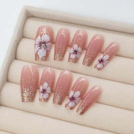 24Pcs Flower Press on Nails Medium Square Fake Nails Cute Glitter Camellia Floral Glue on Nails French Coffin False Nails Glossy Full Cover Pink Acrylic Stick on Nails for Spring Summer Nail Supplies