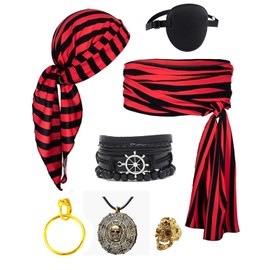 kasahara Pirate Costume Accessories for Women Men Pirate Head Scarf Bandanas Waist Sash Belt Eye Patch Necklace Bracelet Earrings (Red & Black)