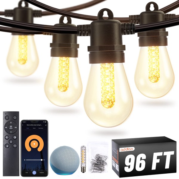 addlon 96FT Smart Outdoor String Lights with APP & Remote Control, Music Sync Waterproof Patio Lights with Dimmable Edison Shatterproof Bulbs, Extendable for Patio, Porch