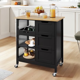 DWVO Rolling Kitchen Island Cart with 3 Drawers, Soild Wooden Countertop Kitchen Storage Cabinets, Drawers Cart for Home Dining Area, Black