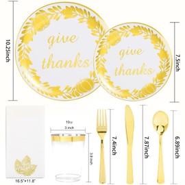 YOUBET 175PCS Thanksgiving Plastic Plates - Thanksgiving Gold Plates - Fall Plastic Plates Include 50 plates, 25forks, 25knives, 25spoons, 25Thanksgiving napkins, 25cups for Thanksgiving Party